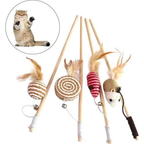 1pc Pet Cat Teaser Toys Feather Linen Wand Cat Catcher Teaser Stick Cat Interactive Toys Wood Rod Mouse Rope Bite Toy Supplies
