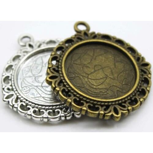 2pcs 25mm Necklace Pendant Setting Double Side Silver Antique Bronze Color Cabochon Cameo Base Tray Blank Jewelry Finding