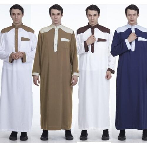 BianFeng Muslim Arab Mens Ramadan Kaftan Abaya Arabic Saudi Abaya Solid Long sleeve Robe Button Closure Muslim Clothing