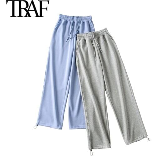 TRAF Women Chic Fashion Side Pockets Loose Straight Pants Vintage High Elastic Waist Drawstring Female Trousers Mujer