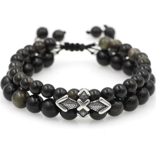 Stainless Steel Cross Natural Double Line Obsidian Stone Bead Bracelet Tiara Bracelets Fashion Braid Bracelet for Women Men