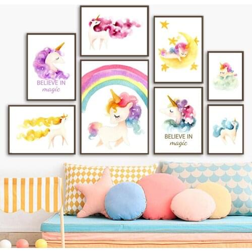 Kawaii Unicorn Rainbow Star Moon Cloud Wall Art Canvas Painting Nordic Posters And Prints Wall Pictures Kids Room Nursery Decor