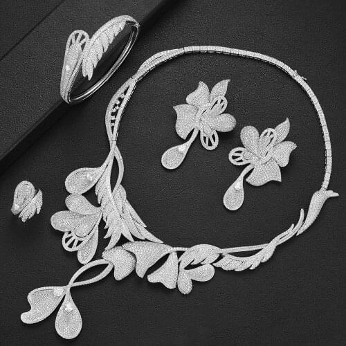 LARRAURI Trendy Luxury Jewelry Sets Big Blooming Flowers Bangle Earrings Necklace Ring European Bridal Wedding Accessories