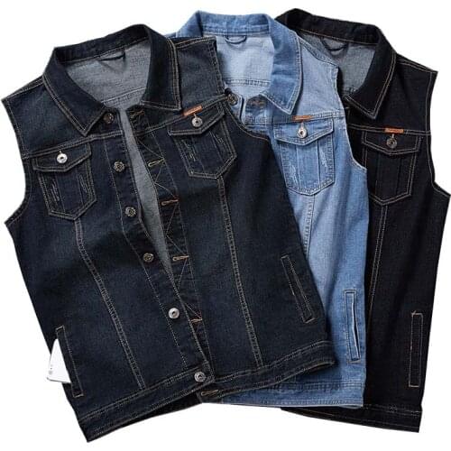 Mcikkny Men Summer Casual Denim Vest Multi Pockets Solid Color Waistcoats For Male Sleeves Jeans jackets Plus Size M-8XL