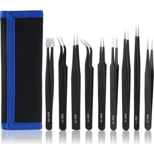 9PCS Tweezers Anti-static Stainless Steel ESD Tweezers Set Kit With Curved Straight Flat Tip For Repairing Crafts Jewelry