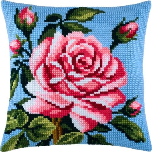 DIY Cross Stitch Cushion Cover Pink Roses Needlepoint Kit Pre-Printed Canvas Chunky Yarn Cross-stitch Pillow Case Arts & Crafts