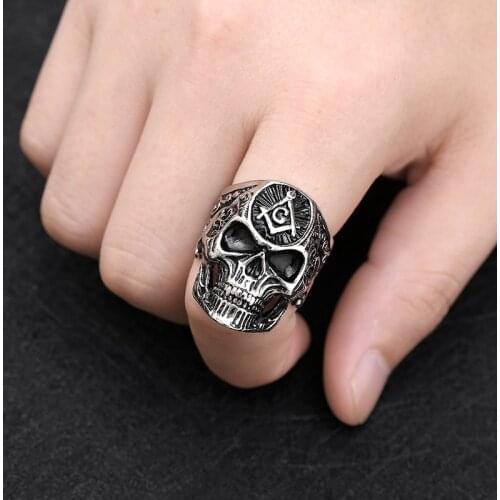 New Exaggerated Skull Shape Ag Masonic Pattern Ring Mens Ring Fashion Metal Skull Ring Accessories Party Jewelry Size 8 ~ 13