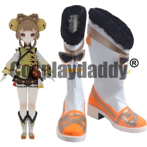 Genshin Impact Liyue Yaoyao Cosplay Shoes Faux Fur Cuffs Bowknot Back Zip Boots S008
