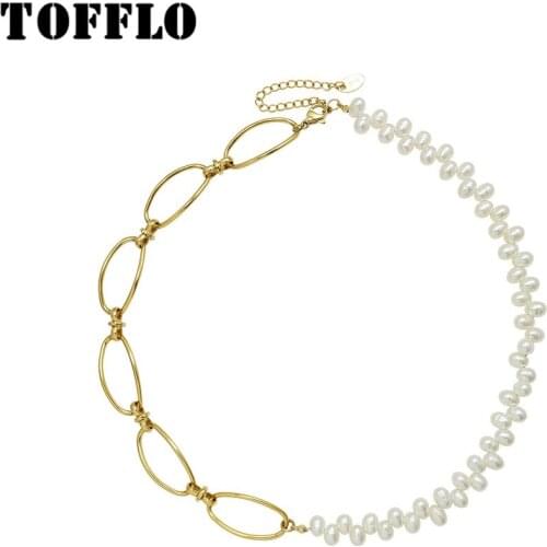 TOFFLO Stainless Steel Jewelry Oval Geometric Chain Retro Accessories Womens Elegant Freshwater Pearl Necklace BSP010