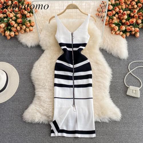Kimutomo Vintage Striped Women Dress 2021 Early Autumn Knitwear Fashion Sleeveless V-neck Zipper Slim Bodycon Vestidos Elegant