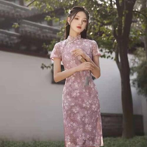 Plus Size 2XL Pink Split Dresses Lace Cheongsam Modern Long Female Silk Chinese Style Qipao Dress Elegant Traditional Clothing