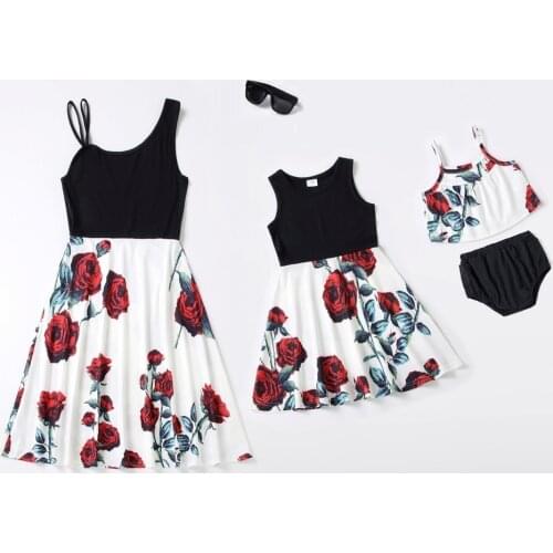 Family Set Flower Mother Daughter Macthing Dresses Summer Mom Mum Baby Mommy and Me Clothes Oblique Shoulder Women Girls Dress