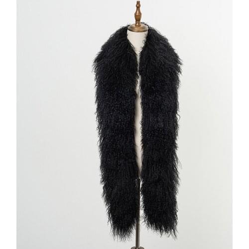 Women Real Fur Scarf Female Mongolian Lamb Fur Shawl Wraps Lady Neckerchief Overlength Cape BLACK