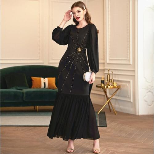 Evening Dress Women Muslim Kaftan Moroccan LanternSleeve Diamond Mesh Hijab Long Robe Djellaba Femme Ramadan Abaya Dubai Clothes