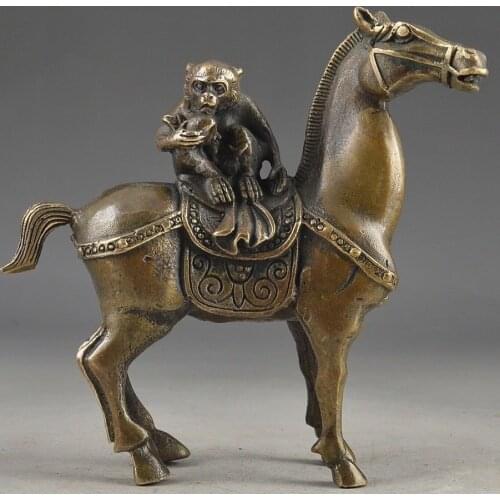 Vintage Brass Handwork Hammered The Monkey Riding Horse Lucky Statue 14cm Height Garden Decoration 100% real Brass Bronze