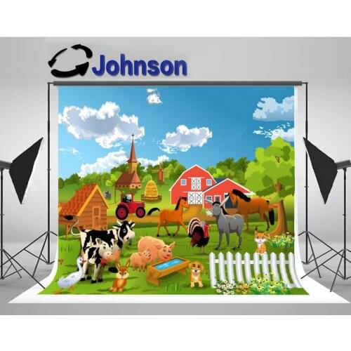 Farm Animals Red Barn Cow Tree Fence Flower background High quality Computer print children kids backdrops