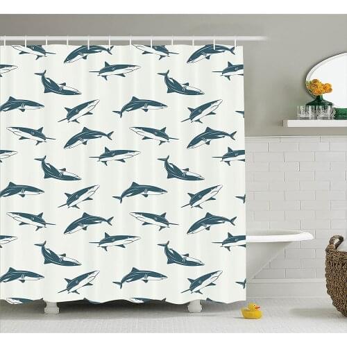 Fish Shower Curtain Sea Animals Decor Sharks Swimming in Different Directions Monochromic Pattern Print Bathroom Accessories