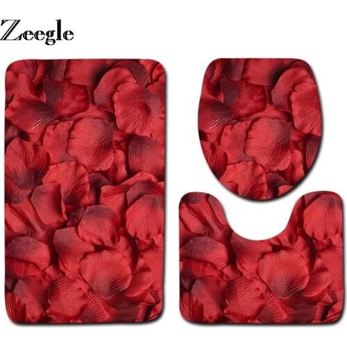 Zeegle Roseleaf Valentine Printed 3Pieces Bathroom Rug Absorbent Soft Toilet Bath Mats Anti-slip Shower Room Toilet Floor Mats