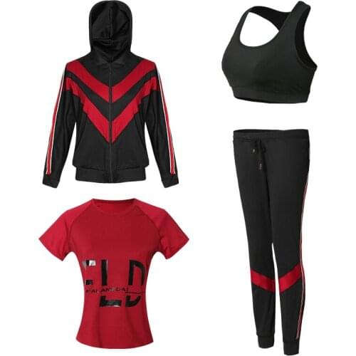 Fitness Women Yoga Set 4 in 1 Set Yoga Bra Black Sport Pants Solid Patchwork Hoodie Gym Clothes Sport Wear Running Outdoor Jog
