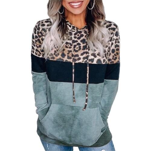 Ladies Autumn Hooded Pullover Leopard Print Loose Hooded Hoodie Casual Long-sleeved European American Foreign Trade Women Tops