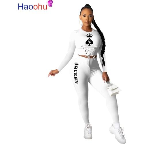 HAOOHU Black Queen Spade Q Women Lace Up Waist Tee Tops Pencil Pants Suit Active Wear Tracksuit Two Piece Set Fitness Outfits