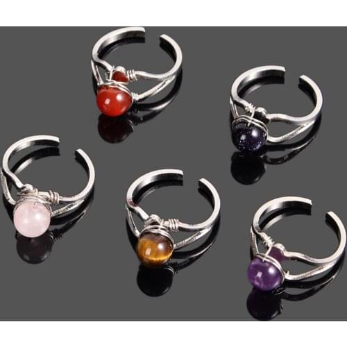 Women Bead Ring Wire Wrapped Reiki Healing Stone Natural Crystal Fashion Women Rings Party Wedding Jewelry