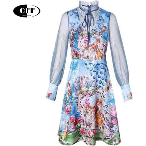 2021 Fashion Women Runway Party Night Blue Mini Dress Mesh Long Sleeve Bow Vintage Aesthetic High Waist Summer Dresses Vestidos