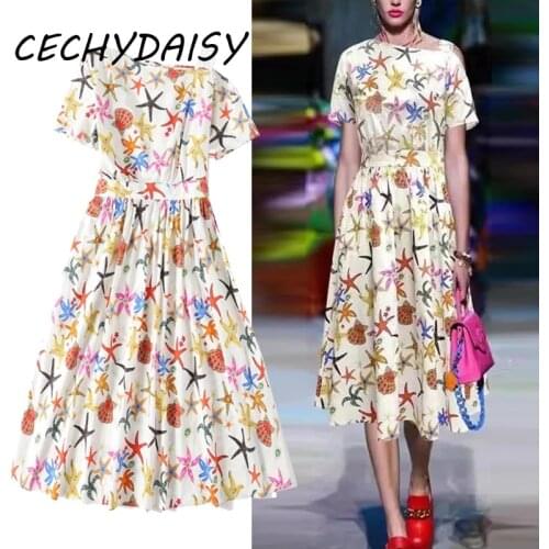 Runway Fashion 2021 High Street Women Dress One Shoulder Sea Starfish PrintedLady Elegant Knee Length Office Midi Dresses Robes
