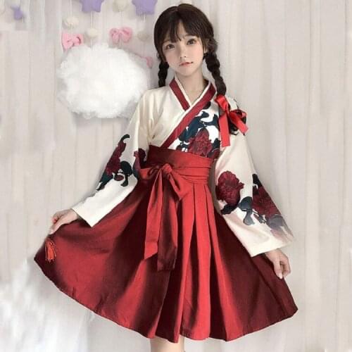 Girls Japanese Style Retro Kimono Floral Long Sleeve Woman Party Dress Summer Fashion Outfits Top Bow Skirt Haori for Female