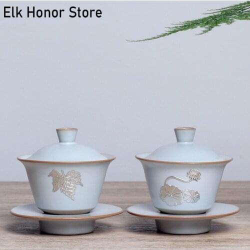 150ml Ru Kiln Tin Inlaid Maple Leaf Handmade Cover Bowl Cicada Wing Open Piece Moon White Can Raise Tea Brewing Utensil