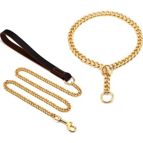 18K Gold Plated Pet Dog Training Collar for Medium Large Dogs Stainless Steel Choke Slip P Chain for German Shepherd Metal Leash