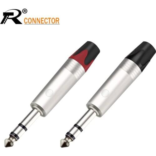 2Pcs/1Pair 1/4" 3pole Zinc Alloy Nickle Audio Plug Connector 6.35mm Jack Stereo Assembly Microphone adapter Black & Red in 1pair