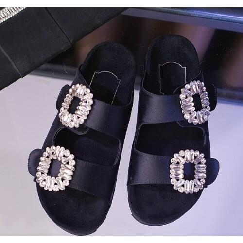 Brand Womens Slippers Outer Wear 2021 Womens Rhinestone Side Buckle Open Toe Bicyclic With Flat-Bottomed Sandals And Slippers