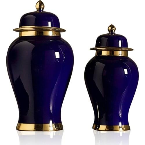 Jingdezhen Ceramic temple jar European Style Dark Blue Glaze Gold-plated Storage pot porcelain Ginger jar vase to home and hotel