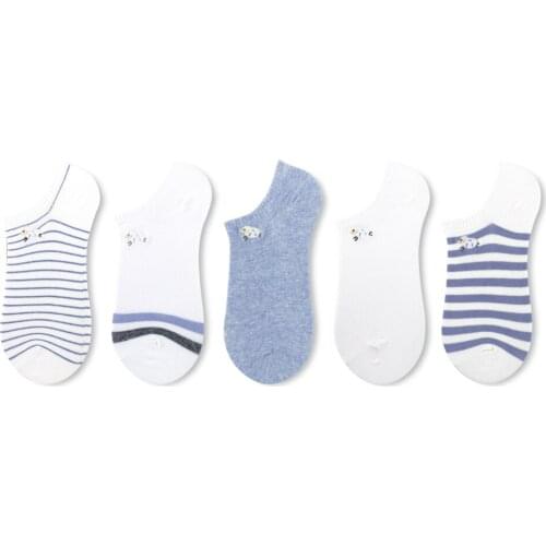 Womens Grils Stripes Embroidery Cotton Shallow Mouth white Cute Boat Socks 5 Pairs