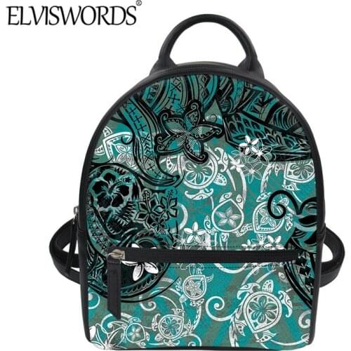 ELVISWORDS Polynesian Flower Tribal Pattern Teen Girls Casual Street Shoulder Bag Womens Durable PU Leather Backpack Mini Sack