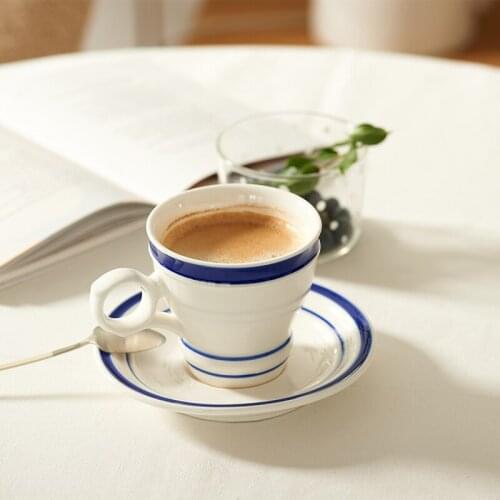 Retro ceramic cup saucer sets coffee cups with handgrip porcelain tea drinkware simple style blue line painted