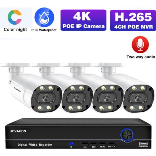 H.265 4K POE CCTV Outdoor Camera Kit 4 Cameras 8MP POE NVR Kit 4CH 2 Way Audio Color Night Vision Video Surveillance System Set
