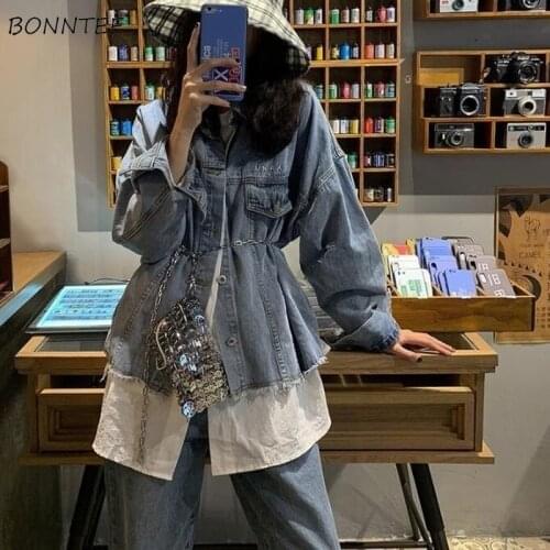 Women Basic Jackets Autumn Fake 2 Piece Vintage Streetwear Single Breasted New Design Ulzzang Loose BF Cool Trendy Korean Style