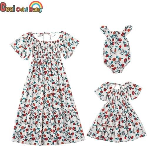 Summer Mother Daughter Matching Flower Print Dresses Baby Girl Romper Family Look Outfits Mommy and Me Clothes 2021 Woman Dress