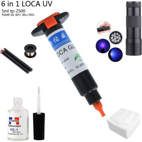 Newest 6 in1 LOCA UV Glue 5ml +12led UV curing light+Uv Glue Remover 20g +Cutting Wire 50m+clothes For LCD Touch Screen Repair F