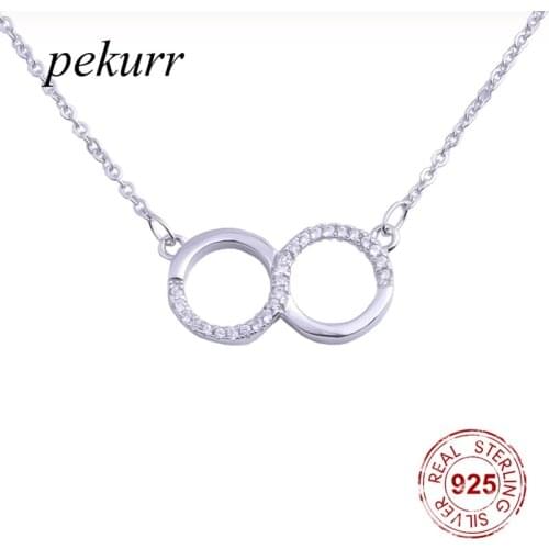 Pekurr 925 Sterling Silver Zircon Double Round Necklaces For Women Hoop Unlimited Sign Collar Pendants Fashion Jewelry
