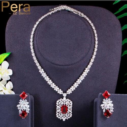 Pera Vintage Shiny Red CZ Crystal Big Flower Drop Earrings and Necklace Luxury Wedding Jewelry Sets for Women Accessories J402
