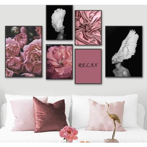 Peony Angel Wings Relax Nude Silk Quotes Wall Art Canvas Painting Nordic Posters And Prints Wall Pictures For Living Room Decor