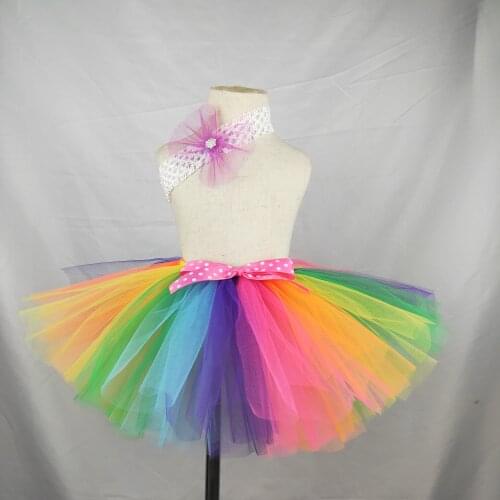Rainbow Tutu Skirts Baby Girls Tulle Skirts Ballet Dance Pettiskirt Tutus with Polka Dots Bow and Headband Set Kids Party Skirts