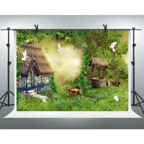 Fairy Tale Background Fantasy Enchanted Forest Mist Green Grass Cottage Photography Backdrop Cartoon Themed Video Studio Props