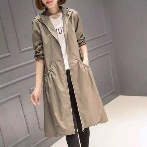 Women Windbreaker Spring Summer New Hooded Straight Trench Coat Womens Long Loose Size Outwear Lady Joker Zipper Plus size Tops