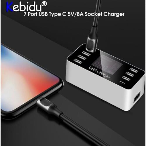 Universal 7 Port USB Type C 5V/8A Socket Charger With Voltage Current LCD Display For Smart Mobile Phone Tablet PC EU/US Plug