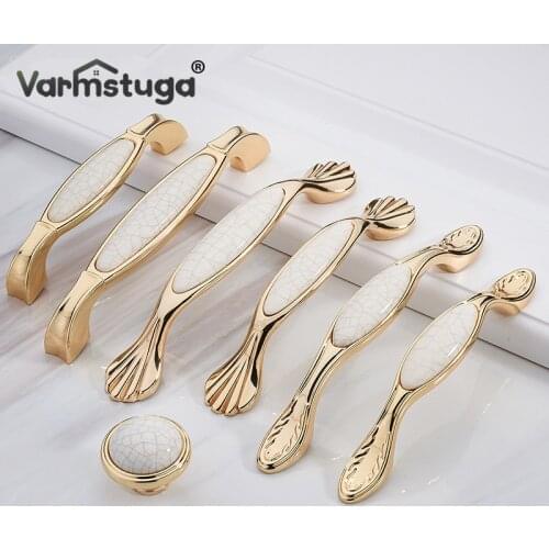 VARMSTUGA European Creamic Gold and White Cabinet Handles Zinc Alloy Drawer Pulls Kitchen Door Knobs Furniture Handle Hardware