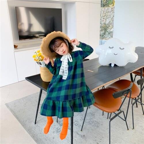 Spring girls casual ruffles fashion plaid long style dresses 2-7 years kids cotton soft oversized long sleeve dress